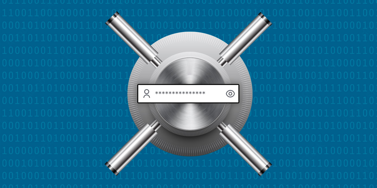 A metallic vault door with a password input interface is depicted against a blue background filled with binary code
