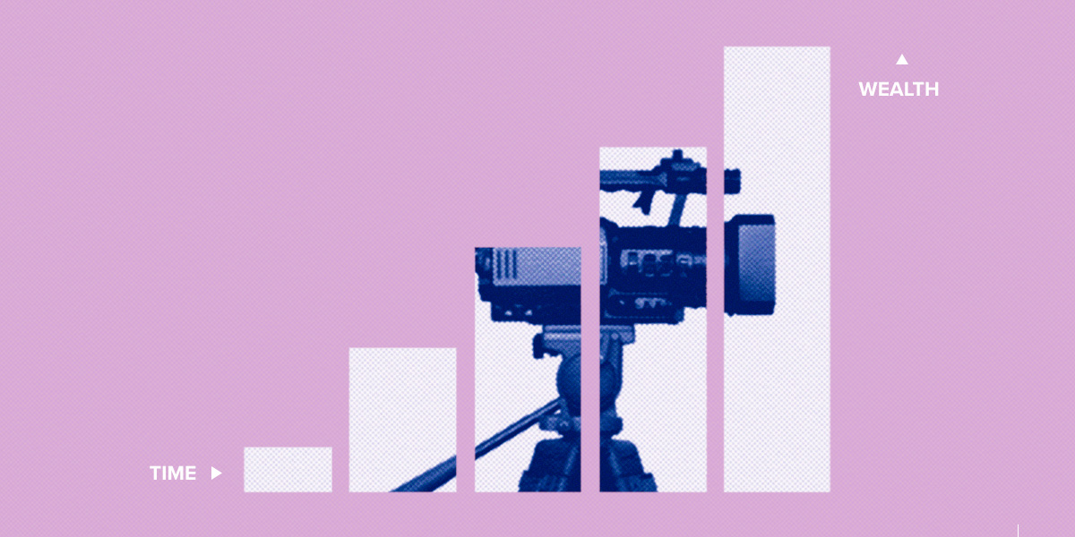 Bar graph tending up with movie camera