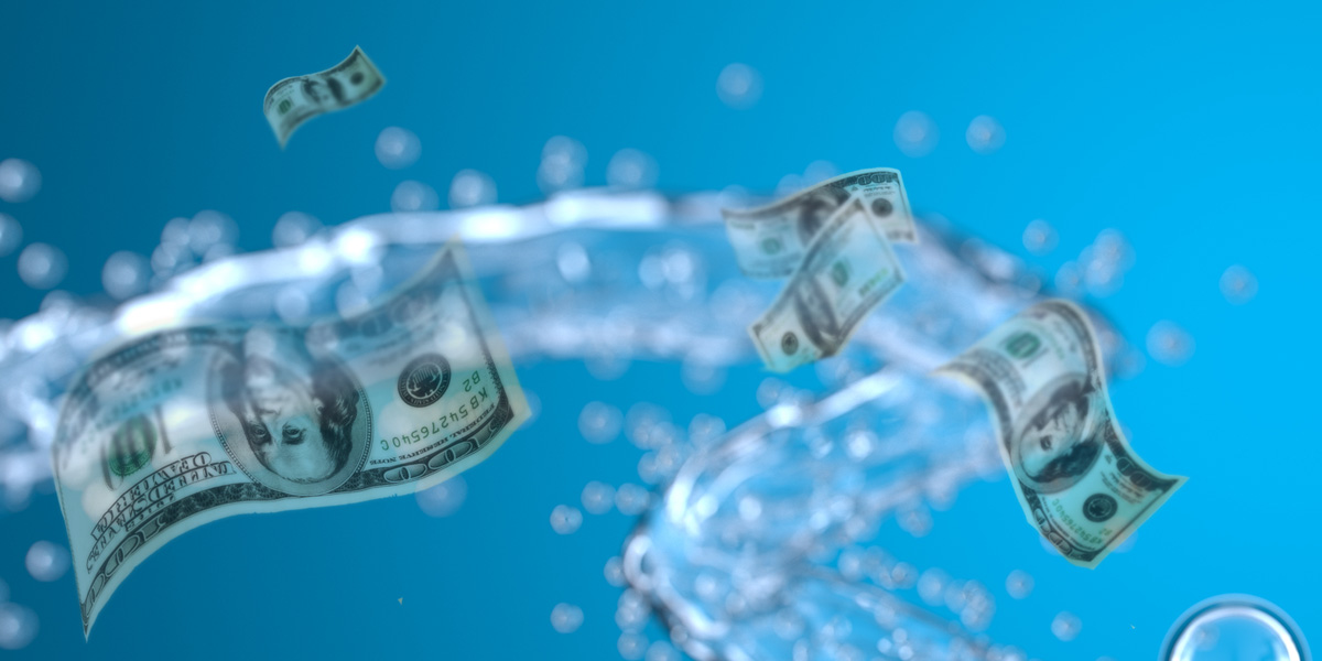 Money flowing through air with water