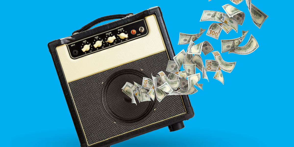 Dollars floating from center of guitar amp