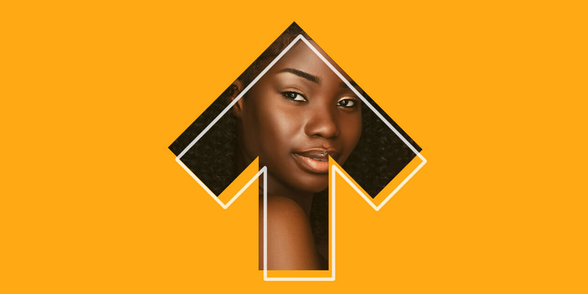 arrow pointing up with Black woman inside and a yellow background