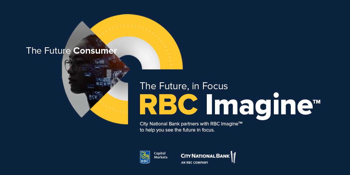 Woman wearing glasses on top of target with text: The Future Consumer - The Future, in Focus RB C Imagine - City National Bank partners with RBC Imagine to help you see the future focus