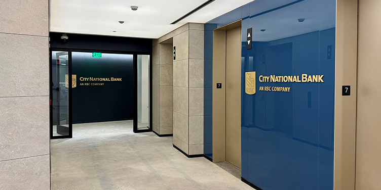 Charlotte Office Lobby Door and Sign - City National Bank An RBC Company