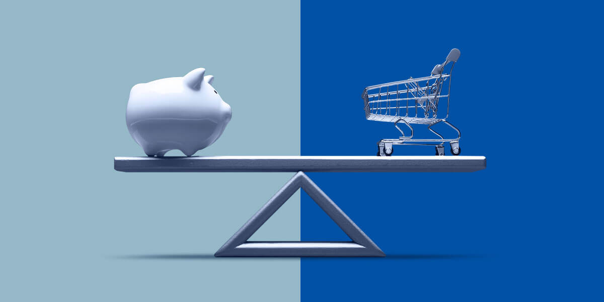 financial planner options balancing piggybank and shopping cart