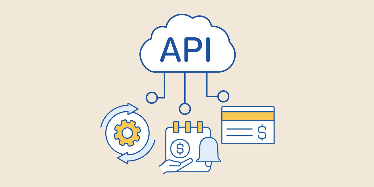 Cloud that reads "API" connected to a gear, a statement and a calendar.