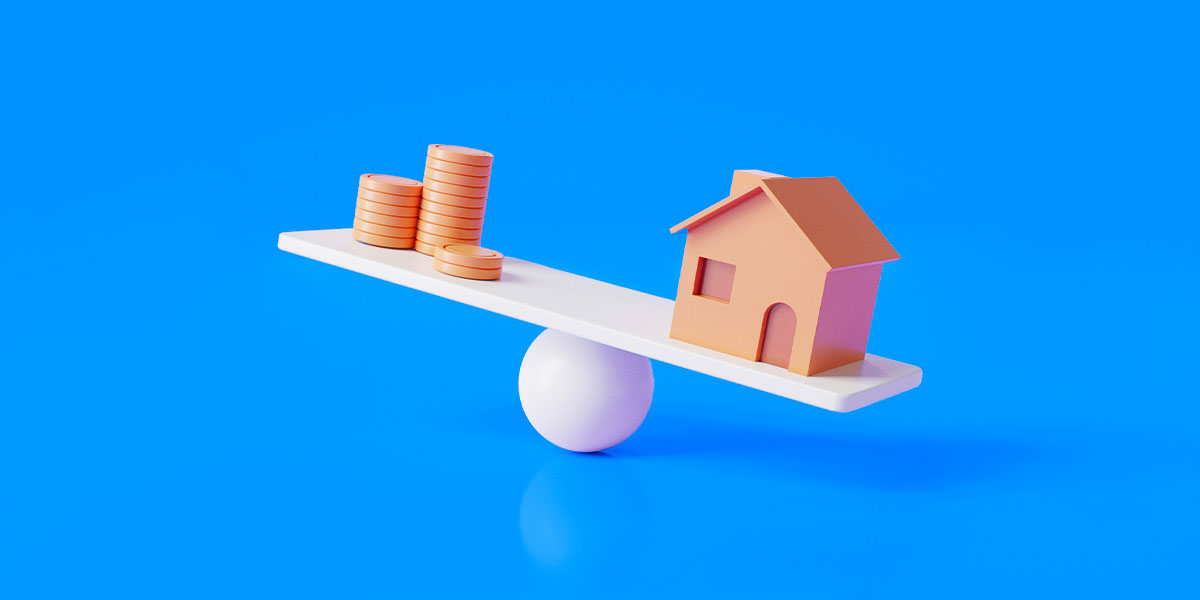House and money on a seesaw. 