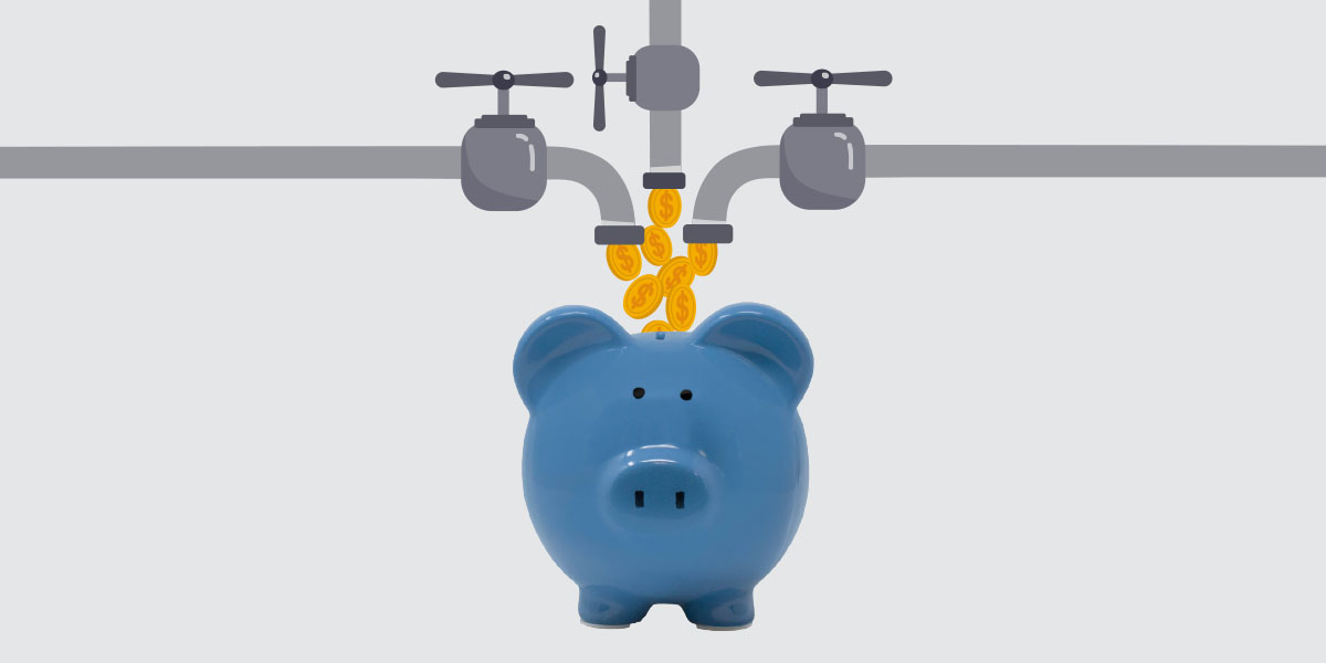 Multiple faucets pouring money into a piggy bank