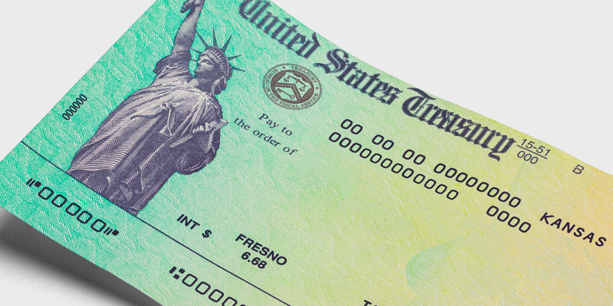 A detailed view of a United States Treasury check featuring the Statue of Liberty icon and official text. The check displays numeric values such as '00000000' and '15.61'. The background includes a gradient color palette with green and yellow tones, emphasizing the financial document's design.