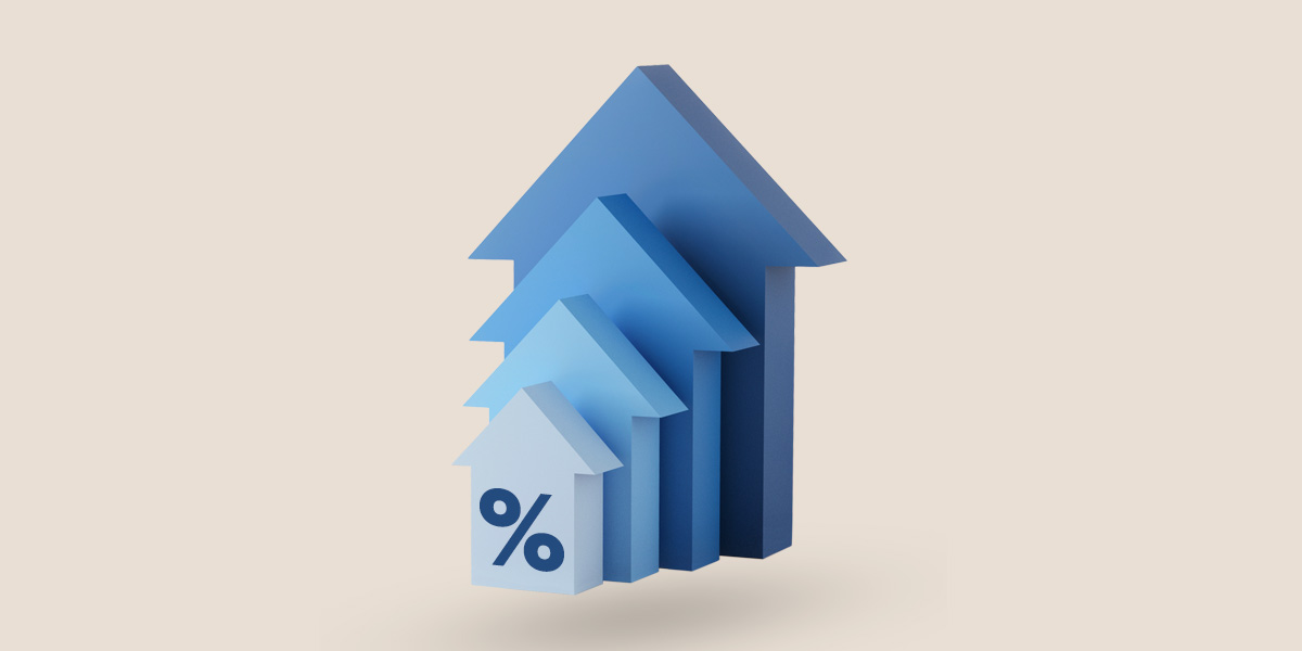 House with woman approaching and percent symbol in lawn.