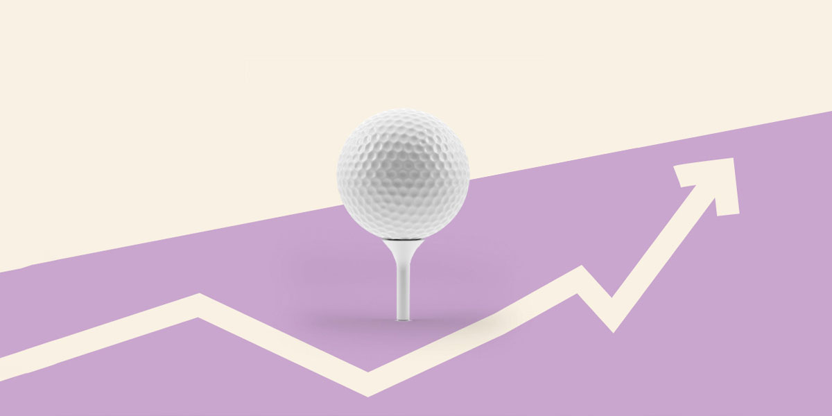 Stylized photo of golf ball on tee over graph line